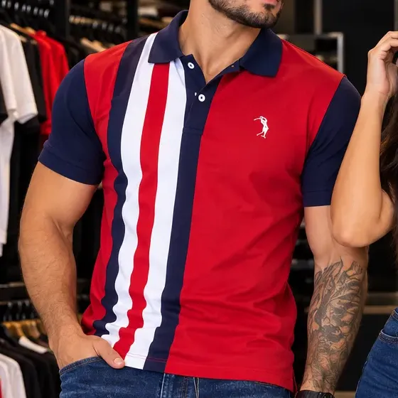 Kit 2 Camisas Polo Casal Vermelha E Azul Marinho Vermelho Listras G